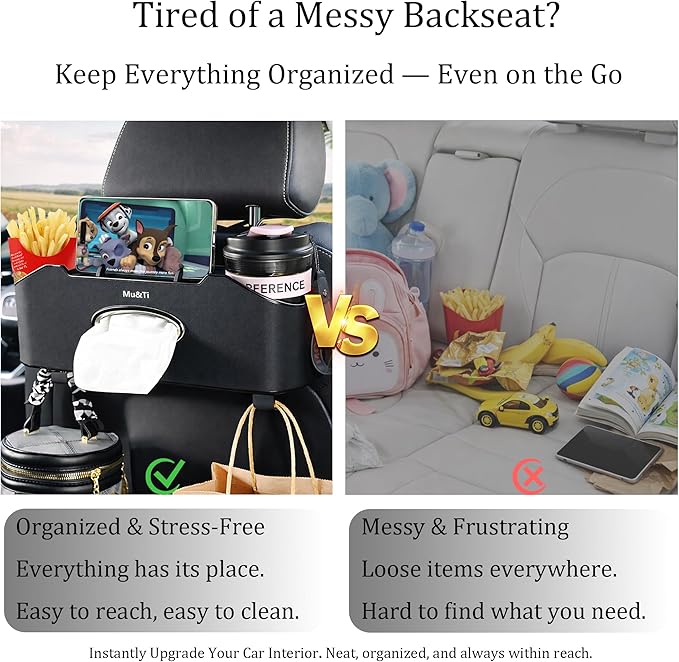 Mu&Ti Back Seat Car Organizer,4+2 in 1 Multifunctional Car Back Seat Storage Box with 2 Cup Holders, Tissue Box and Hook - Ideal for Kids and Travel(Black)