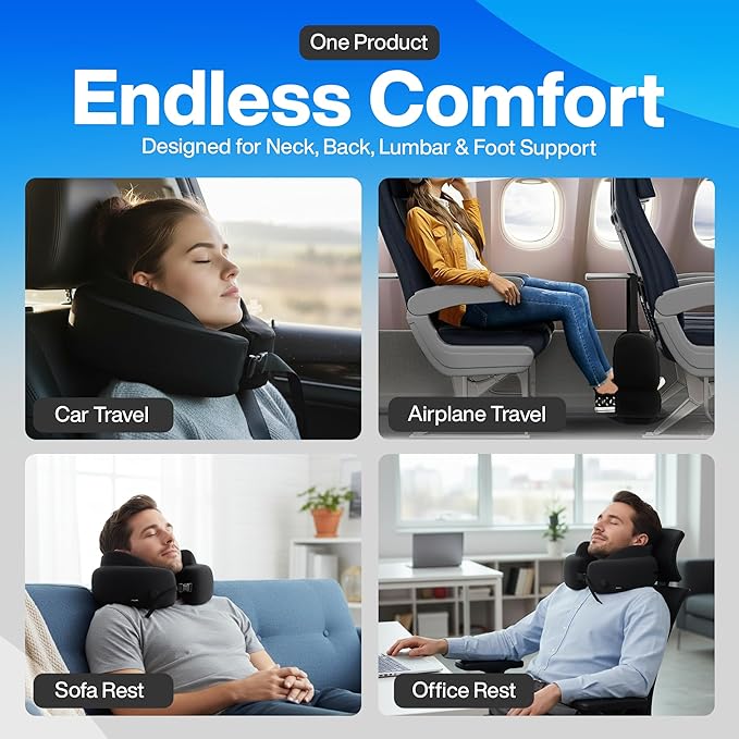 4-in-1 Travel Set – Inflatable Neck Pillow, Convertible Lumbar Support & Foot Hammock, 3D Sleep Mask & Ear Plugs – Complete Comfort Kit for Airplane, Office & Car – Gift-Ready (Black)