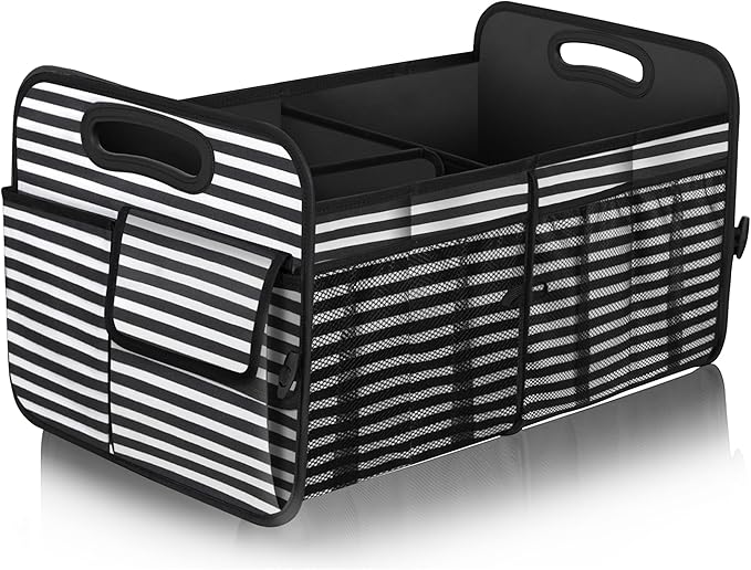 Femuar Car Trunk Organizer,Car Storage Organizer with 72L Large Capacity Waterproof Collapsible and 11 Pockets,Trunk Organizer for Car Suv/Jeep/Sedan, Large Size, Stripe