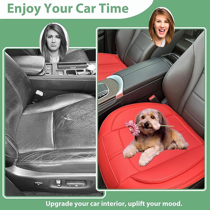 2 Pack Leather Front Car Seat Cover Bottom Only, Anti-Slip Padded Seat Cushion, Full Wrap Seat Protector with Storage Function Universal Fit for Most Cars, SUV, Pick-up Trucks (Red)