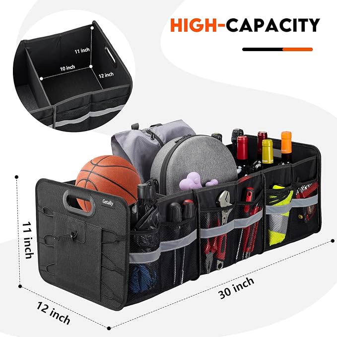 Trunk Organizer for Car， Collapsible Trunk Organizer with Multi Pockets, 3 Compartments Storage Organizer for Car SUV, Truck, Sedan
