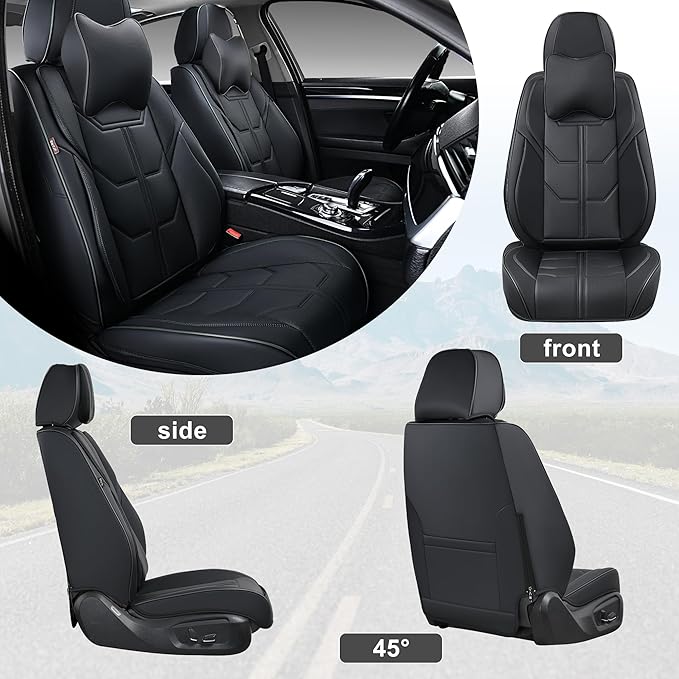 Black Car Seat Covers Full Set, Universal Front and Rear Seat Covers for Cars, Waterproof Leather Auto Seat Protectors with Head Pillow, Car Seat Cushions Fit for Most Sedans SUV Pick-up Truck