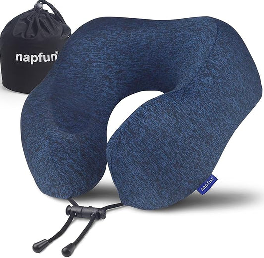 napfun Neck Pillow for Traveling, Upgraded Travel Neck Pillow for Airplane 100% Pure Memory Foam Travel Pillow for Flight Headrest Sleep, Portable Plane Accessories, Full Dark Blue