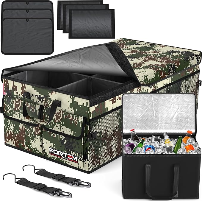 FORTEM Trunk Organizer with Cooler For SUV Car Trunk, Foldable Storage, Car Accessories for Women Men, Collapsible Bag, Perfect Christmas Gifts, 600D Oxford, Non Slip Bottom, Straps, Soft Cover (105L)