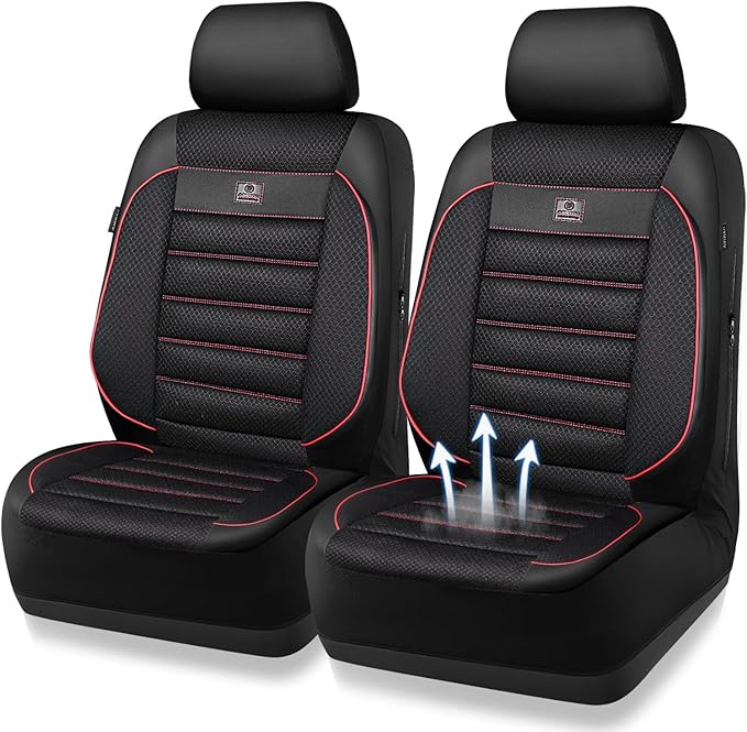 CAR PASS 3D Foam Leather Car Seat Covers Two Front Seats only, Air Mesh Thick Seat Covers, All Weather Car Seat Cover Comfort & Protection for Truck,SUV,Sedan,Van, Airbag Compatible Red
