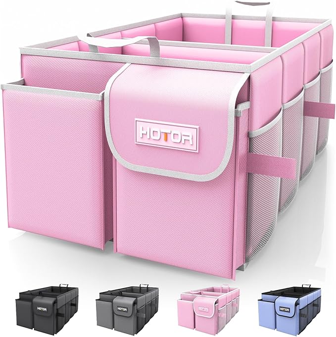 HOTOR Foldable Trunk Organizer - SUV & Sedan Compatible, 2 Compartments, Pink, 23.6"14.2"10.6" Sturdy Car Organization for Accessories, Tools, Sundries