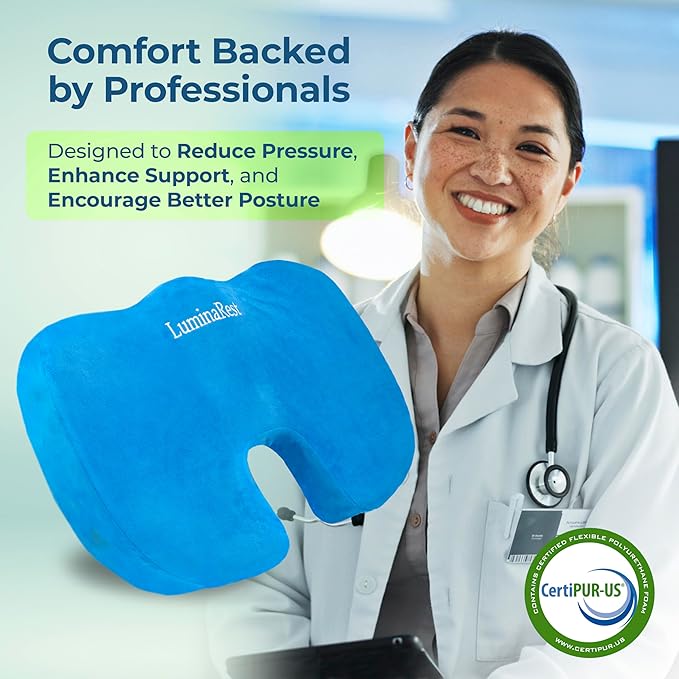 LuminaRest® Gel Seat Cushion for Long Sitting – Premium CertiPUR-US® Certified Memory Foam, Ergonomic Office Chair Cushion for Tailbone and Coccyx Pain Relief, Sciatica & Back Support – (Blue)