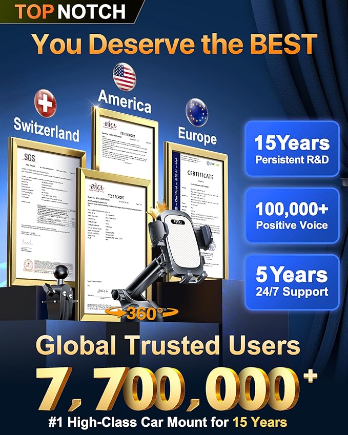 HTU 2026 Ultimate Best【True Military-Grade & Safety Cert】Car Phone Holder【Upgraded 360 Rotation & 100+LBS Strongest Suction】5-in-1 Truck Windshield Dashboard Vent Mount Stand for iPhone Android, Pink