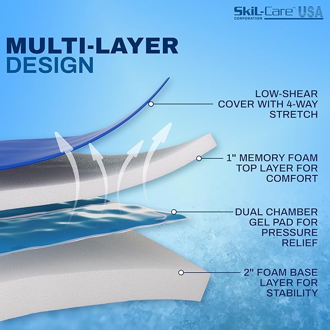 Skil-Care Premium Gel-Foam Cushion, 18" W x 16" D x 3" H, Dual-Layer Foam with Gel Core for Pressure Relief, 4-Way Stretch Low Shear Cover, Ideal for Wheelchairs and Chairs, 751384