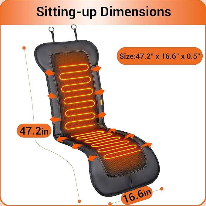47.2” Long Seat Cushion with Heat for Back and Thighs, Heated Seat Covers in 2 Intensities, Black Mesh Seat Warmer in PU Leather Case, Gift for Father Day and Mother Day