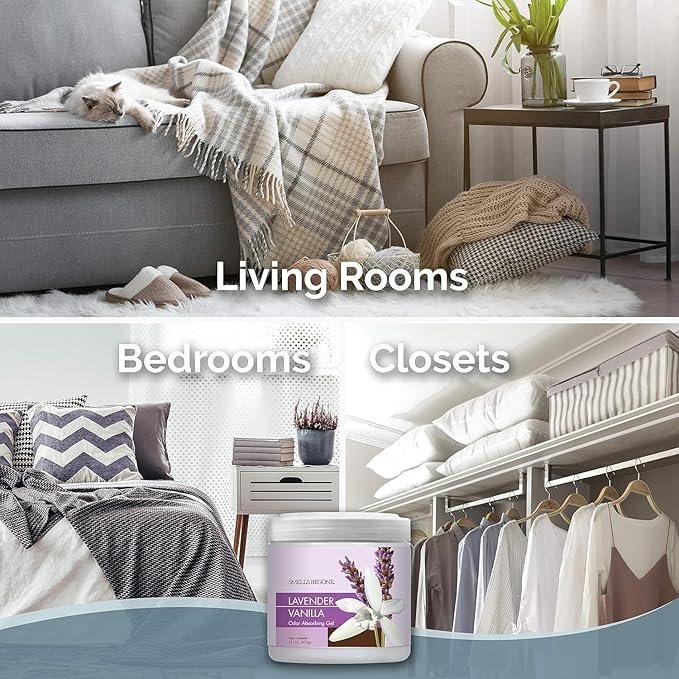 SMELLS BEGONE 15oz Gel Odor Eliminator - Absorb & Remove Tough Odors in Pet Areas, Bathrooms, Basements, Garage, Cars, RVs & Boats - Eliminate Odors Quickly (6-Pack, Lavender Vanilla)