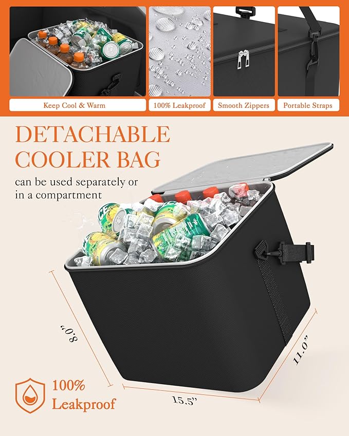 HOTOR Trunk Organizer for Car & SUV, Sturdy Car Organizer with Removable Cooler, Large Foldable Trunk Organizer with Cooler, 6 Compartments, Adjustable Straps, Black, 34.8”×15.9“×11.6”