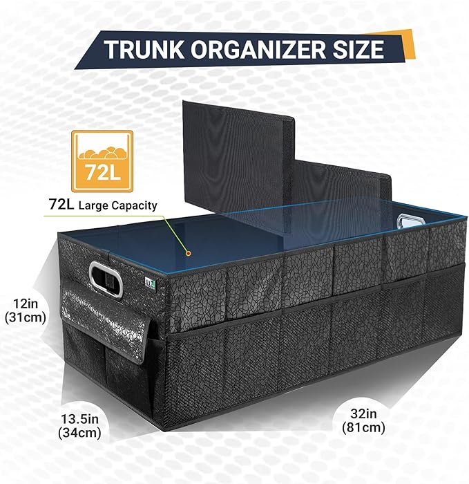 MIU COLOR Trunk Organizer for SUV, Sturdy Car Organizer, Non-Slip Bottom, Folded Storage Organizer for Sedan, Van, Jeep, Grocery, Car Accessories, Large 3 Compartments, Art Black,32"×13"×10.6"