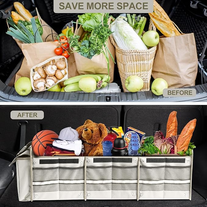 Car Trunk Organizer with Insulated Leakproof Cooler Bag, 4 in 1 Waterproof Portable Car Storage Organizer with Collapsible Cover, 3 Large Compartments, Trunk Organizer for SUV, Car, Truck (Beige)