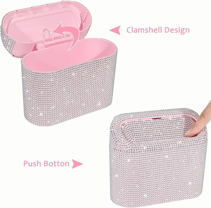 Accmor Bling Car Trash Can with Lid, Leakproof Mini Vehicle Trash Bin Automotive Dustbin Organizer Storage, Sparkling Crystal Rhinestone Trash Bag Container with 30pcs Garbage Bags Car Accessories