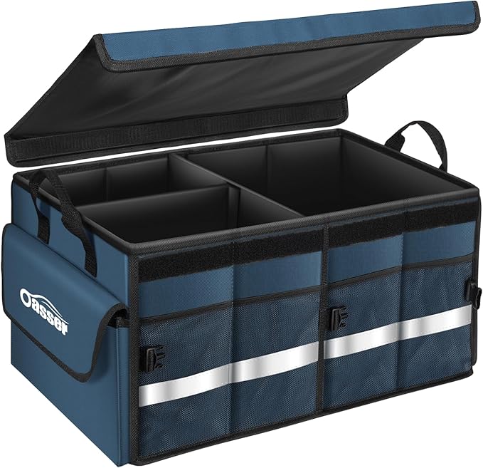 Oasser Car Trunk Organizer Collapsible Multi Compartments Trunk Organizer for SUV with Foldable Cover Reflective Strip (Standard, Blue)