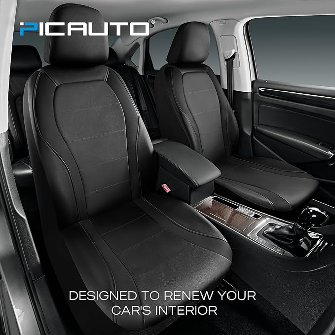PIC AUTO Leather Car Seat Covers, Premium Automotive Waterproof Two Front Bucket Seat Protectors, Black and Black PVC Patchwork, Fits Cars, Trucks, Vans, SUVs, Airbag Compatible