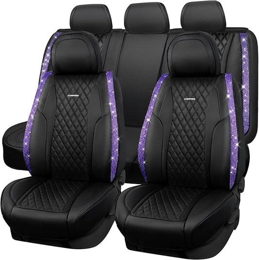 CAR PASS Bling Nappa Leather Car Seat Cover for Full Set Universal Luxury Waterproof Heavy-Duty Anti-Slip Cushioned Fit for SUV Sedan, Sparkly Glitter Shining Diamond Violet Crystal Purple Rhinestones