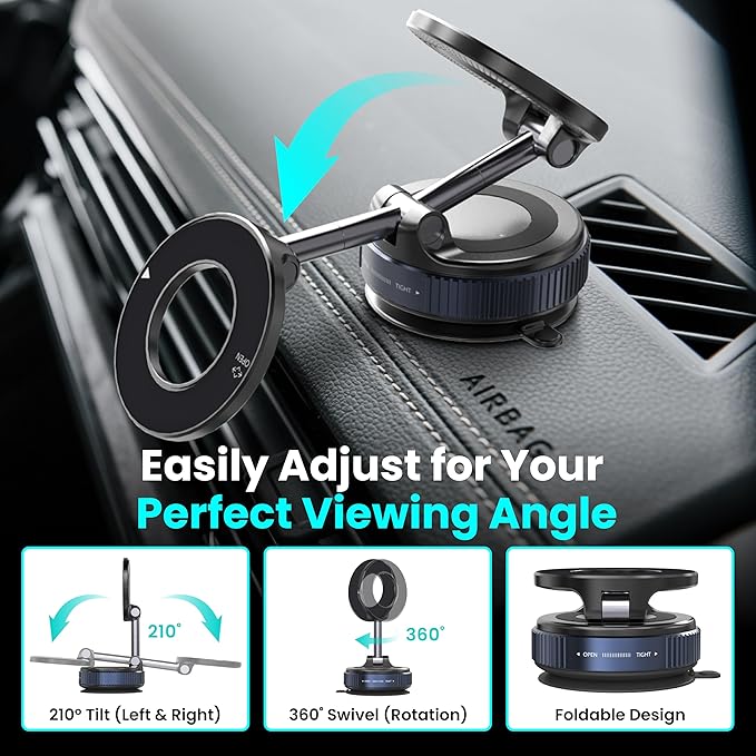 Ryvlan Carmount Vacuum Magnetic Phone Mount for Car– Magsafe Suction iPhone Stand, Content Creator Phone Holder & Car Mount, iPhone Holder for Dashboard & Windshield, Suction Cup Car Tripod