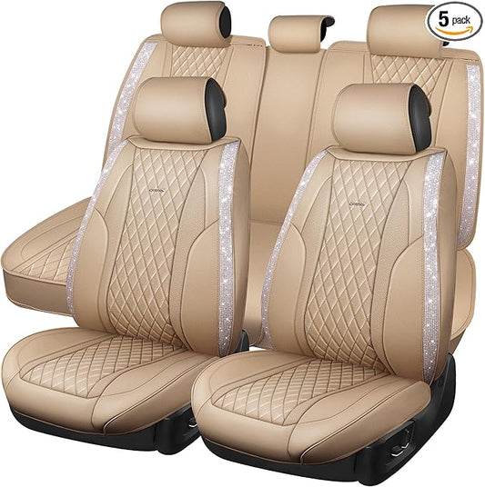 CAR PASS Beige Leather Bling Car Seat Covers Full Set, Luxury Microfiber Nappa PU Cushioned, Waterproof Anti-Slip Universal Fit for Auto SUV Sedan Sparkly Glitter Shining Rhinestone, Beige Diamond