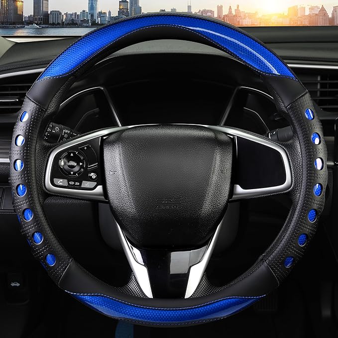 PU Leather Car Steering Wheel Cover with Anti-Slip Grip, for Women and Men, Universal Fit for 14.5-15 Inch Cars, Trucks, SUVs (Blue (Round), Medium(Standard) Size[14 1/2''-15''])