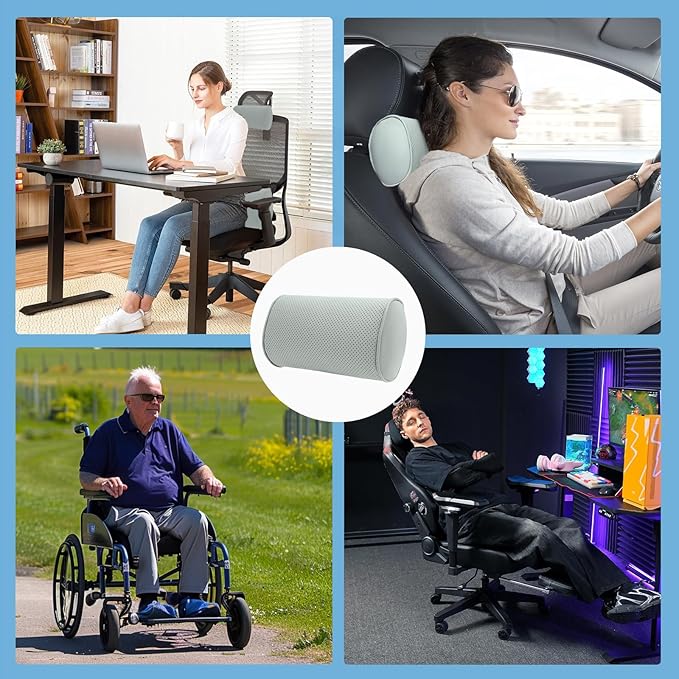 Car Headrest Pillow for Driving - Luxury Leather 100% Memory Foam, Ergonomic Neck Support - Universal Fit Head Rest Travel Pillow for Most Cars, Home & Office, Gray, 2 Pack