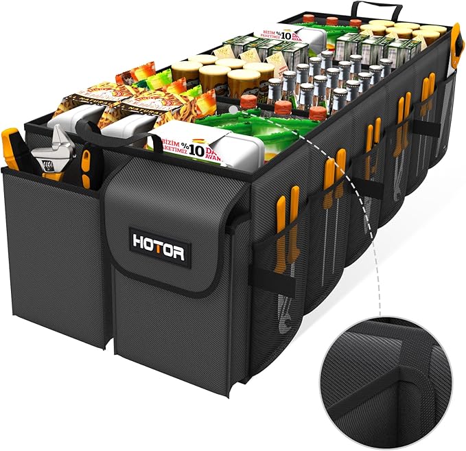 HOTOR Trunk Organizer - Car Organizer, Foldable Trunk organizer for SUVs & Sedans, Sturdy Car Organization for Car Accessories, Tools, Sundries, Black, 6 Compartments, 34.8"×16.0"×11.6"