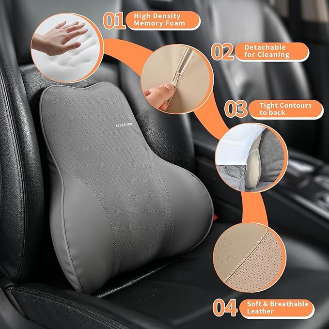Coverado Lumbar Support Pillow for Car Seat Driver, Leather Car Seat Cushions for Driving Back Pain, Detachable Memory Foam Upper Lower Car Back Support Gray