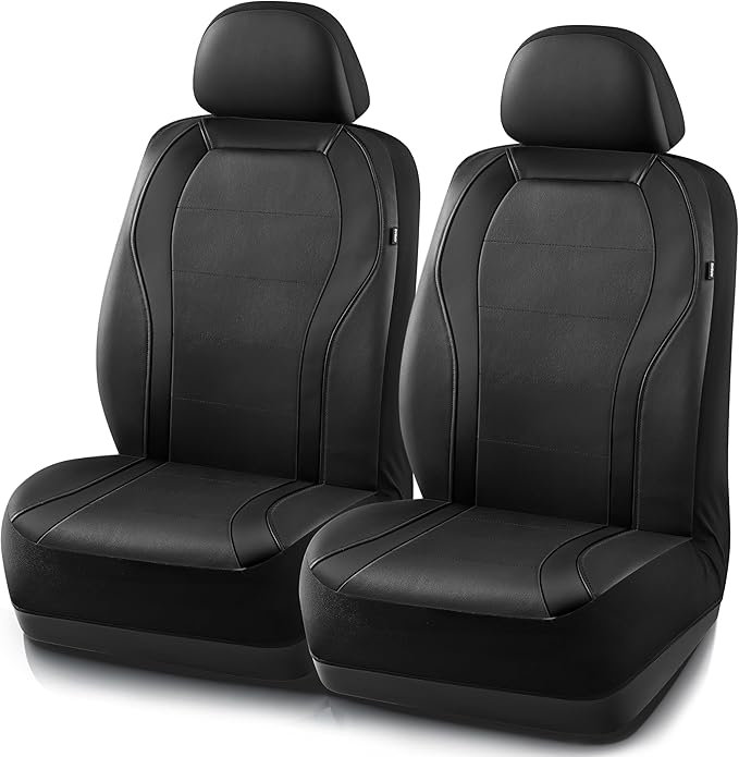 PIC AUTO Leather Car Seat Covers, Premium Automotive Waterproof Two Front Bucket Seat Protectors, Black and Black PVC Patchwork, Fits Cars, Trucks, Vans, SUVs, Airbag Compatible