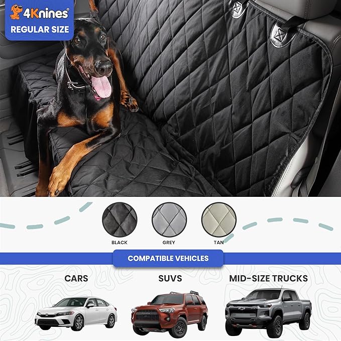 4Knines Back Seat Pet Cover for Dogs w/o Hammock – 54" Wide, Waterproof Car Seat Cover, Non-Slip, Heavy-Duty – Fits Cars, SUVs, Small Trucks – 2 Seat Belt & Latch Access – Back Seat Protector (Black)