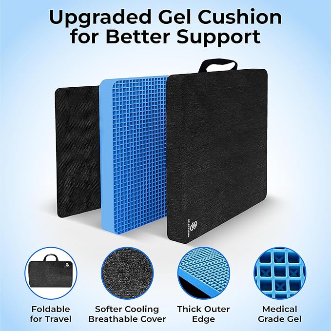 SelectSoma Travel Gel Seat Cushion for Long Sitting - Travel Pad for Car, Truck, Office Chair, Wheelchair - Cooling Gel Cushion for Sciatica, Tailbone, Back Pain, and Pressure Relief
