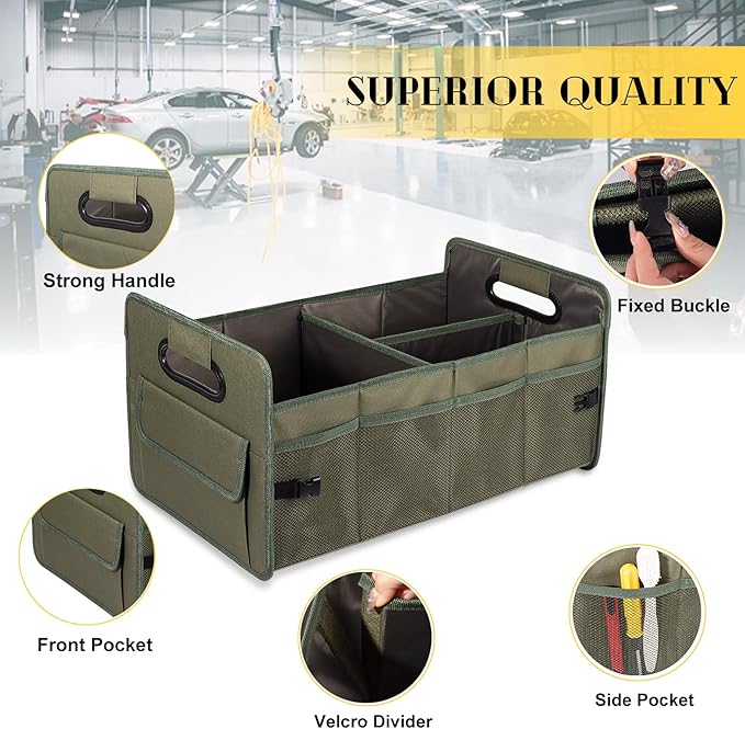 JiatuA Car Trunk Organizer, Car Organizers and Storage Collapsible Multi Compartment Container Box, Adjustable Car Accessories for SUV Sedan Truck, Standard Size, Green