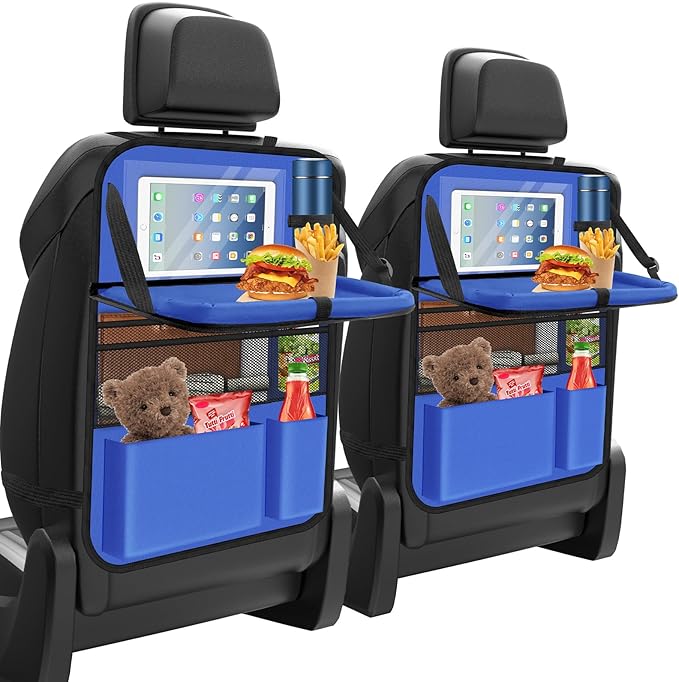 Car Seat Organizer with Table Tray, 2Pack Backseat Car Organizer with 9 Storage Pockets for Bottle Snack Books on Travel Road Trip Essentials for Kid Adult(Blue)