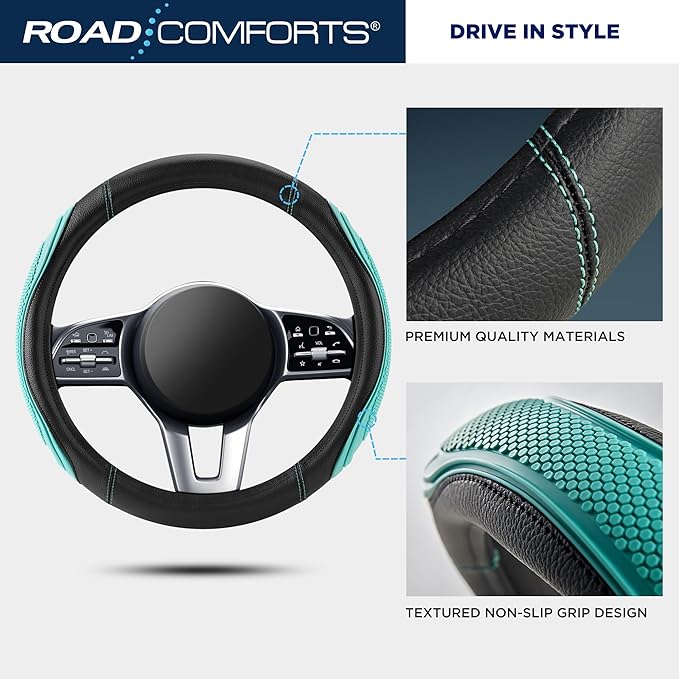 Road Comforts Car Steering Wheel Cover - Microfiber Leather Steering Wheel Wrap Sports 14.5-15 Inch Steering Wheel Cover Non-Slip for Men Women Mint Color