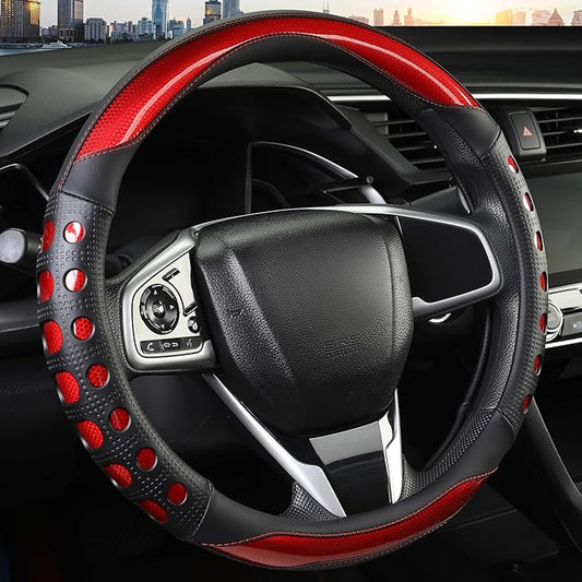 PU Leather Car Steering Wheel Cover with Anti-Slip Grip, for Women and Men, Universal Fit for 14.5-15 Inch Cars, Trucks, SUVs (Red (Round), Medium(Standard) Size[14 1/2''-15''])