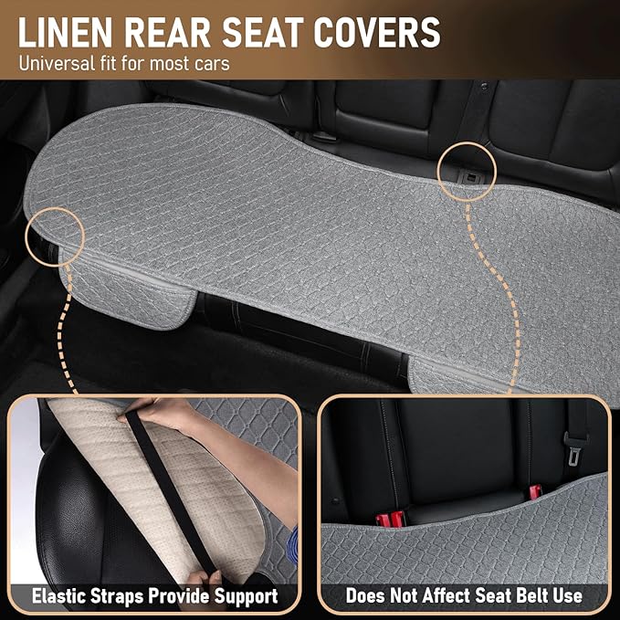 3 PCS Linen Car Seat Covers with Storage Pocket, Back Seat Covers Protectors with Non-Slip, Breathable Bench Seat Covers Universal Fit for SUVs, Cars, Trucks (Light Grey)