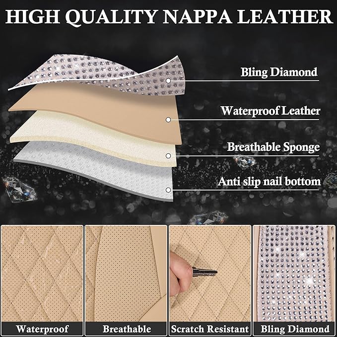 CAR PASS Beige Leather Bling Car Seat Covers Full Set, Luxury Microfiber Nappa PU Cushioned, Waterproof Anti-Slip Universal Fit for Auto SUV Sedan Sparkly Glitter Shining Rhinestone, Beige Diamond