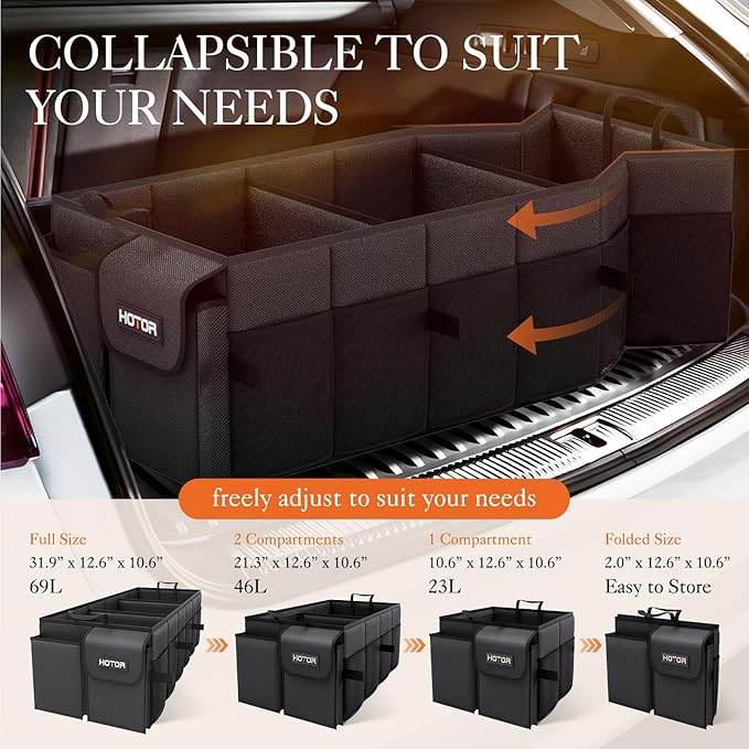 HOTOR Foldable Trunk Organizer - SUV & Sedan Compatible, 3 Compartment, Black, 31.9"×12.6"×10.6" Sturdy Car Organization for Accessories, Tools, Sundries
