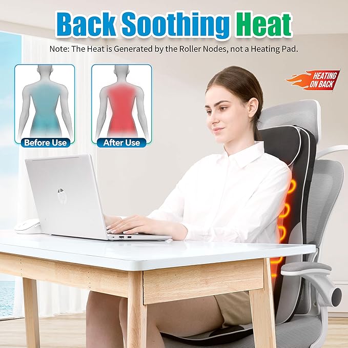 Shiatsu Back Massager with Heat, Massager Chair Pad for Pain Relief Deep Tissue with Smart Timer, Kneading Seat Cushion Vibration for Office, Home, and Travel Use