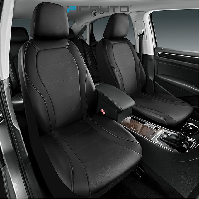 PIC AUTO Leather Car Seat Covers, Premium Automotive Waterproof Front & Rear Full Set Bucket Car Seat Protectors, Black and Black PVC Patchwork, Fits for Cars, Trucks, Van, SUV, Airbag Compatible