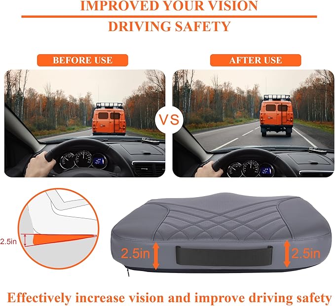 kingphenix Premium Car Seat Cushion, Memory Foam Driver Seat Cushion to Improve Driving View- Coccyx & Lower Back Pain Relief - Seat Cushion for Car, Truck, Office Chair (Leather Dark Gray)