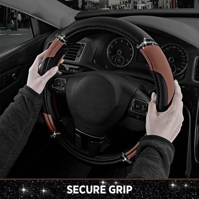 Road Comforts Leather Steering Wheel Cover - Made with PVC Leather - Anti-Slip, Universal Fit 14 1/2 inches to 15 inches - Brown