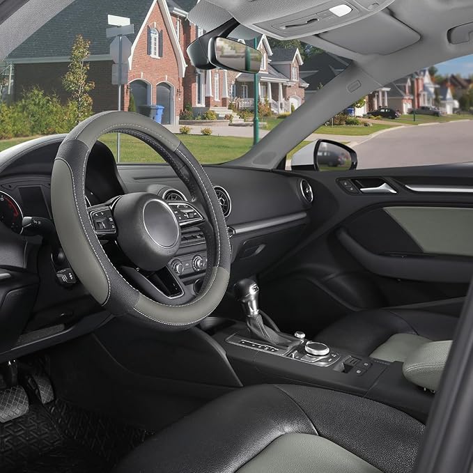 SEG Direct Car Steering Wheel Cover for Prius Civic Model 3 Model Y Camaro, Small Size 14-14.25 inch, Black and Gray Microfiber Leather