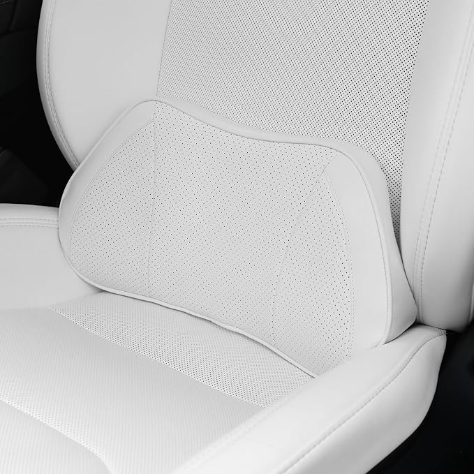 Lumbar Support Pillow for Car, Premium Leather Memory Foam Lumbar Cushion for Lower Back Pain Relief, Universal Back Support for Driving, Home & Office Chairs, White, 1 Pack