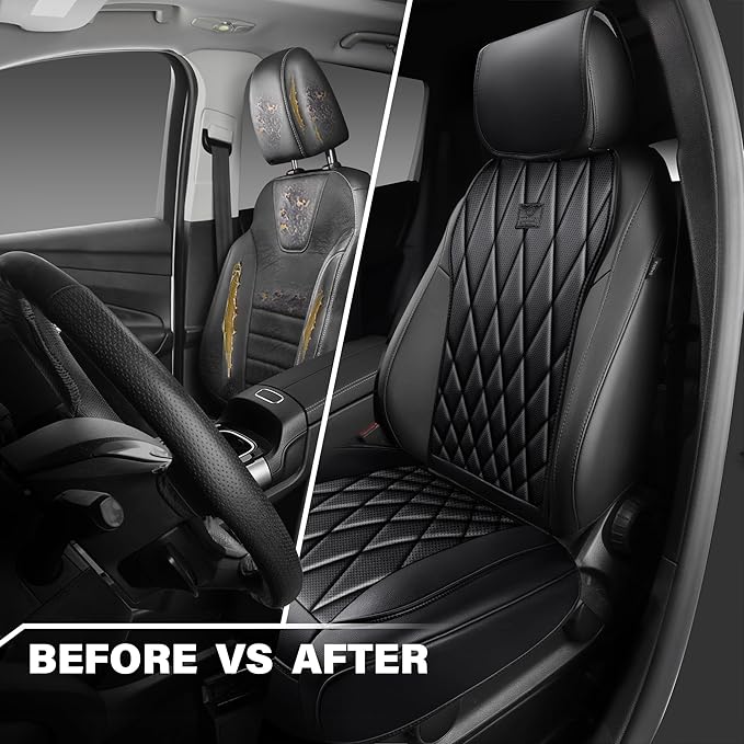 CAR PASS Luxury Napa Leather Front Car Seat Covers, Sideless Car Seat Protectors with Storage Pocket, Non-Slip Automotive Seat Cover for Cars Trucks SUV, Airbag Compatible, 2 Pack (Black)