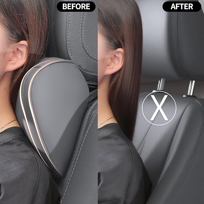 Car Headrest Pillow 100% Memory Foam, Breathable Removable Leather Cover, Premium Seat Support Head Neck Cushion for Driving Travel Home Office, Gray, 2 Pack