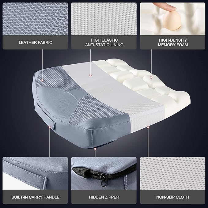 Car Memory Foam Heightening Seat Cushion for Short Drivers, Improve Driving Vision, Double Layered Design, Hip/Tailbone/Lower Back Pain Relief, Adults Booster Seat for Car,Truck,SUV,Office.