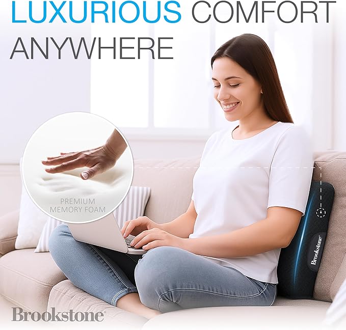 Brookstone BK1209 - Luxurious Lumbar Support Pillow for Car or Office Chair, Back Cushion with Premium Grade Memory Foam, Breathable and Washable Cover, Adjustable Strap
