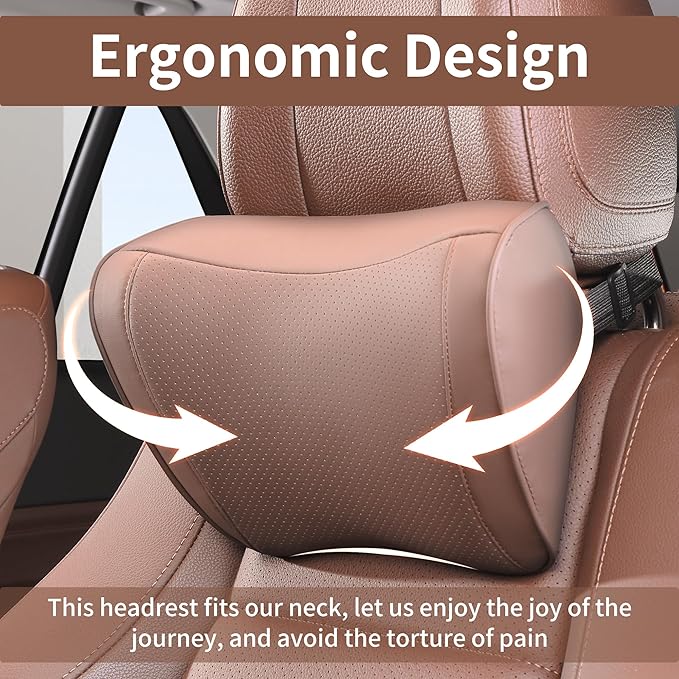 Car Headrest Pillow Memory Foam Breathable Removable Leather Cover Premium Seat Support Head Neck Cushion for Driving Traveling Home Office, Brown, 2 Pack