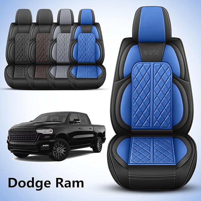 Car Seat Cover Custom Fit for Dodge Ram 1500 2500 3500 2002-2026 Faux Leather Seat Cover Set Compatible with Crew Quad Regular Cab Pickup Truck Cushions (Black & Blue, Full Set, Curved Rear)